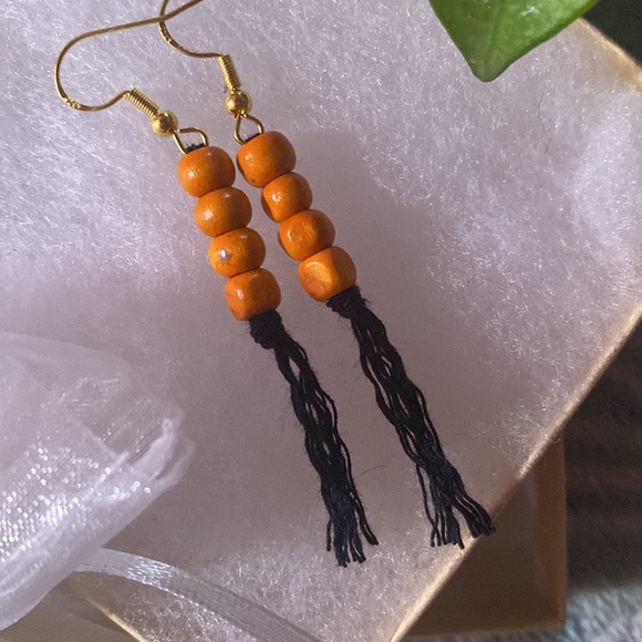 Orange Beaded Hand Crafted Macrame Tassel Fringe Earrings Wood Beaded Accents - Picture 3 of 8